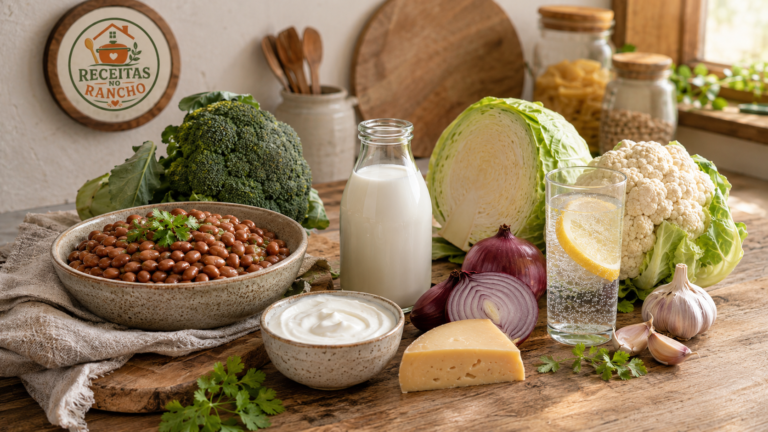 Alimentos que aumentam os gases como feijão, leite, cebola, alho e vegetais fermentáveis
