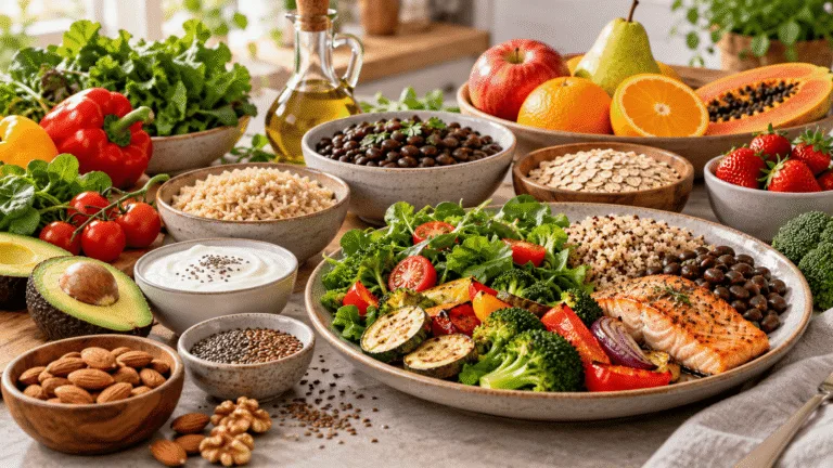 Composição com alimentos variados usados em refeições com melhor resposta glicêmica, como vegetais, frutas, sementes, leguminosas e proteínas.