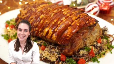 Lombo de Porco Assado Suculento com Pele Crocante para o Natal